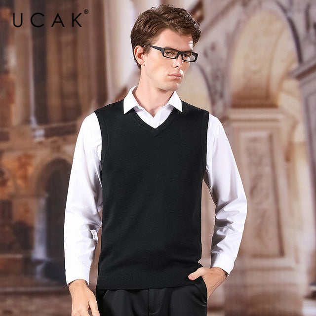 UCAK Brand Sweater Vest 2020 New Arrival Solid V-Neck Casual Spring Autumn Pull Homme Streetwear Wool Warm Sweater Clothes U1043