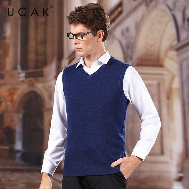 UCAK Brand Sweater Vest 2020 New Arrival Solid V-Neck Casual Spring Autumn Pull Homme Streetwear Wool Warm Sweater Clothes U1043