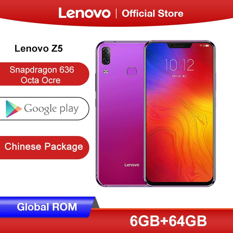 Global Rom Lenovo Z5 6GB 64GB Snapdragon 636 Octa Core Mobile Phone 19:9 Screen 6.2'' Android 8.1 16MP 8MP Dual Rear Cam