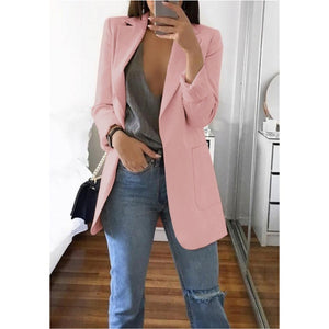 Fashion Turn-down Collar Coat Women Autumn Casual Solid Long Sleeve Pocket Office Business Suit Cardigan Femme Slim Blazer Coat