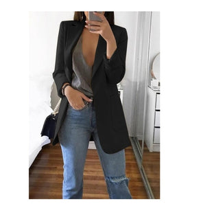 Fashion Turn-down Collar Coat Women Autumn Casual Solid Long Sleeve Pocket Office Business Suit Cardigan Femme Slim Blazer Coat