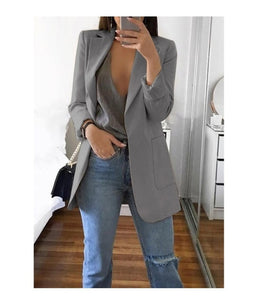 Fashion Turn-down Collar Coat Women Autumn Casual Solid Long Sleeve Pocket Office Business Suit Cardigan Femme Slim Blazer Coat