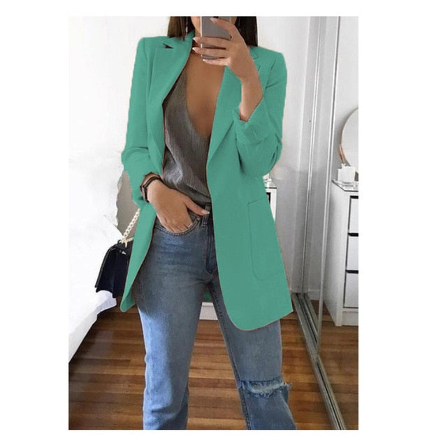 Fashion Turn-down Collar Coat Women Autumn Casual Solid Long Sleeve Pocket Office Business Suit Cardigan Femme Slim Blazer Coat