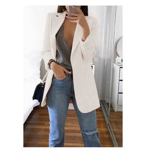 Fashion Turn-down Collar Coat Women Autumn Casual Solid Long Sleeve Pocket Office Business Suit Cardigan Femme Slim Blazer Coat