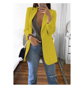 Fashion Turn-down Collar Coat Women Autumn Casual Solid Long Sleeve Pocket Office Business Suit Cardigan Femme Slim Blazer Coat