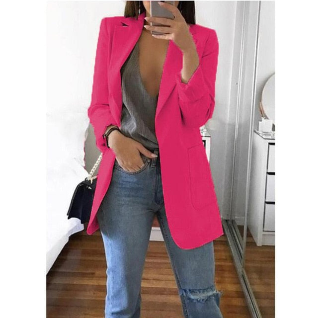 Fashion Turn-down Collar Coat Women Autumn Casual Solid Long Sleeve Pocket Office Business Suit Cardigan Femme Slim Blazer Coat