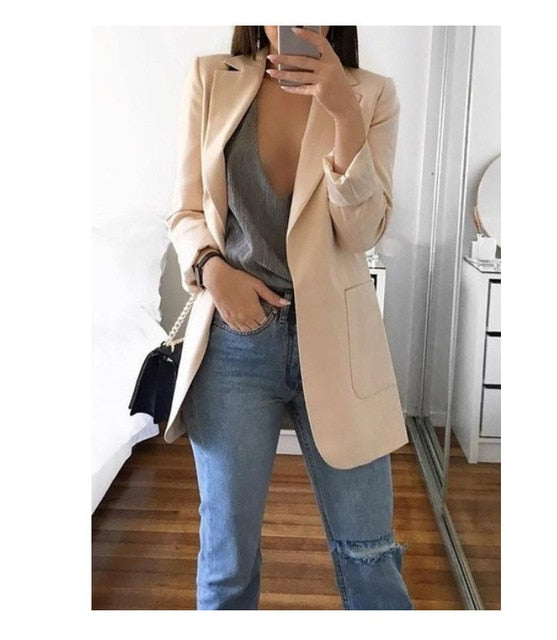 Fashion Turn-down Collar Coat Women Autumn Casual Solid Long Sleeve Pocket Office Business Suit Cardigan Femme Slim Blazer Coat