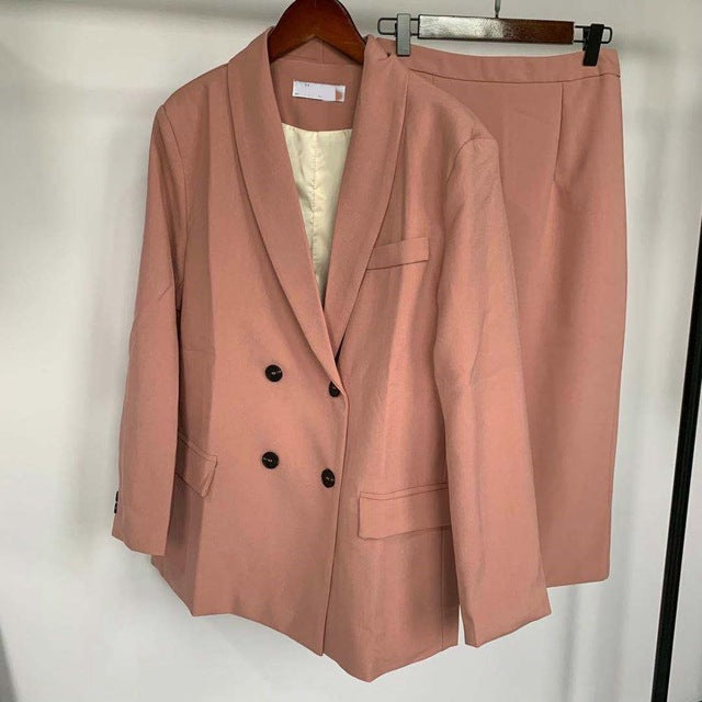 2020 Spring Women Blazer Suits Doule Breasted Pink Blazer High Waist Skirt Office Lady Sets