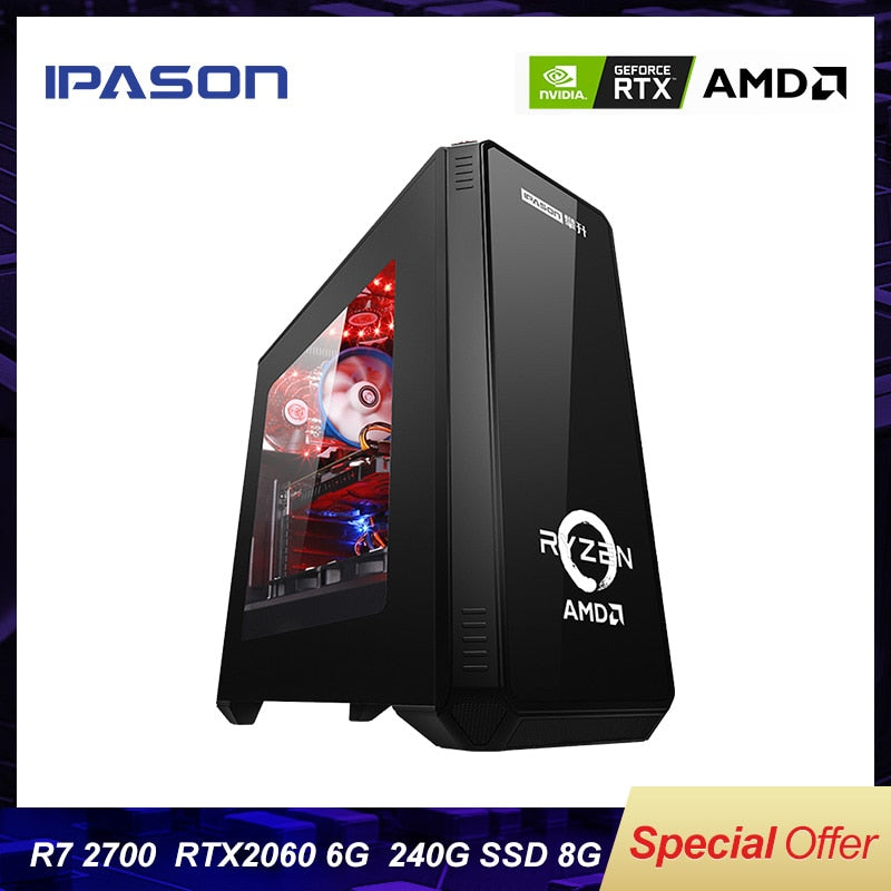 IPASON Gaming Desktop computer P88 AMD 8-Core R7 2700/RTX2060 6G/8G DDR4/240G SSD Water Cooling Assembly Computer Gaming PC