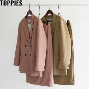 2020 Spring Women Blazer Suits Doule Breasted Pink Blazer High Waist Skirt Office Lady Sets