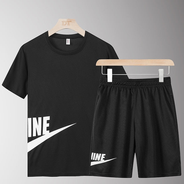 Casual Male Tracksuit Clothing Summer Men Set Fitness Suit Sporting Suits Short Sleeve T Shirt + Shorts Quick Drying 2 Piece Set