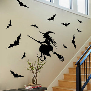 Halloween Bats And Witch Pattern Wall Stickers For Store Home Decoration Diy Window Decals Festival Vinyl Posters Art Mural